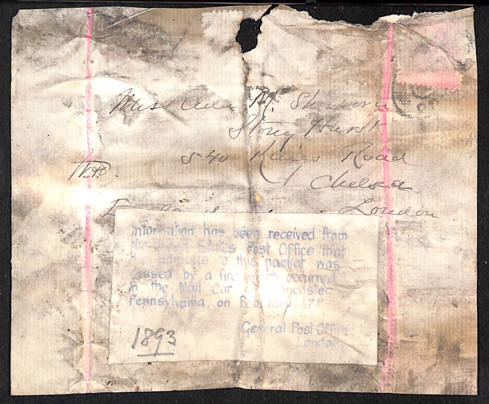 Title: Crash & Wreck Mail 1893 Description: Soiled front from the U.S.A. to England, the stamp: Title: Crash & Wreck Mail 1893 Description: Soiled front from the U.S.A. to England, the stamp washed off, bearing a G.P.O London explanatory label "Information has been received from/the United