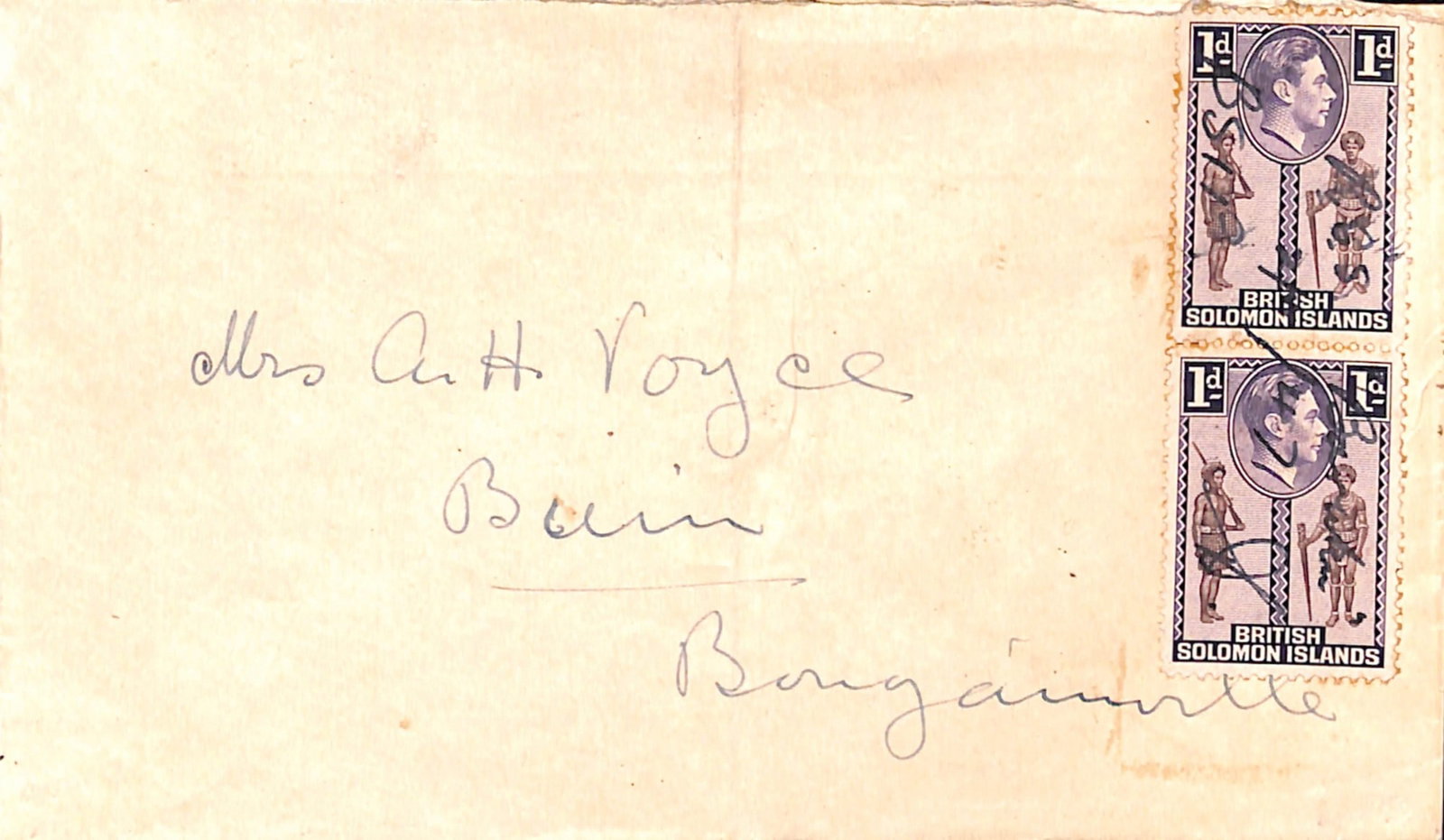 Title: British Solomon Islands 1947 (Nov. 2) Description: Cover to Buin with KGVI 1d pair (1 of 2)
