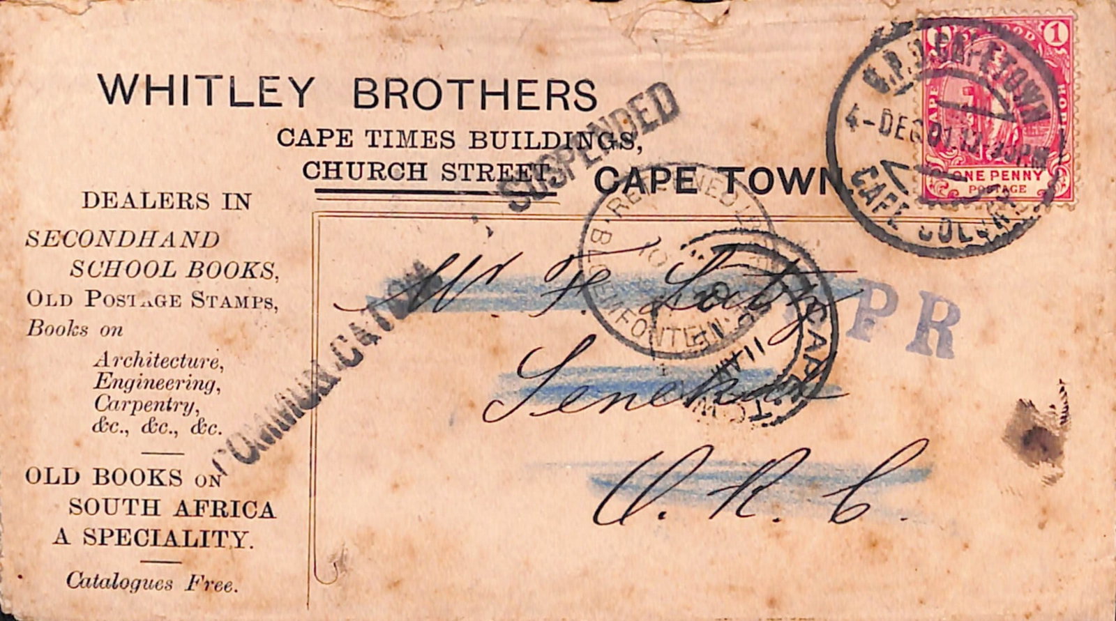 Title: Boer War 1901 (Dec. 4) Description: Cover from Cape Town to Senekal, O.R.C, the reverse (1 of 2)