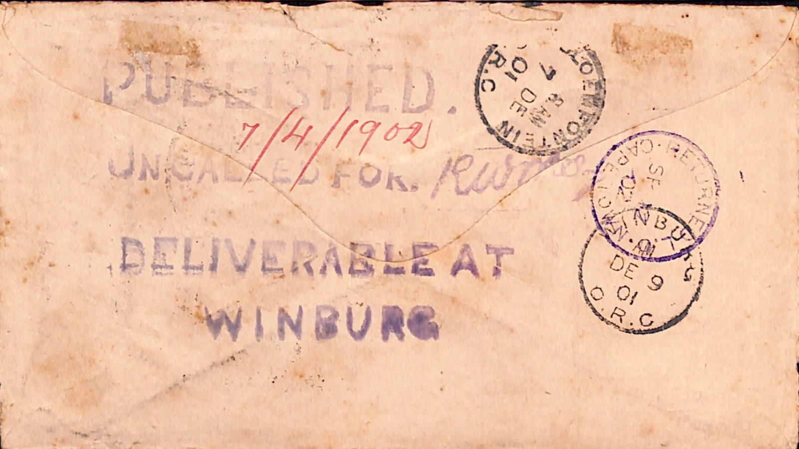Title: Boer War 1901 (Dec. 4) Description: Cover from Cape Town to Senekal, O.R.C, the reverse - 2