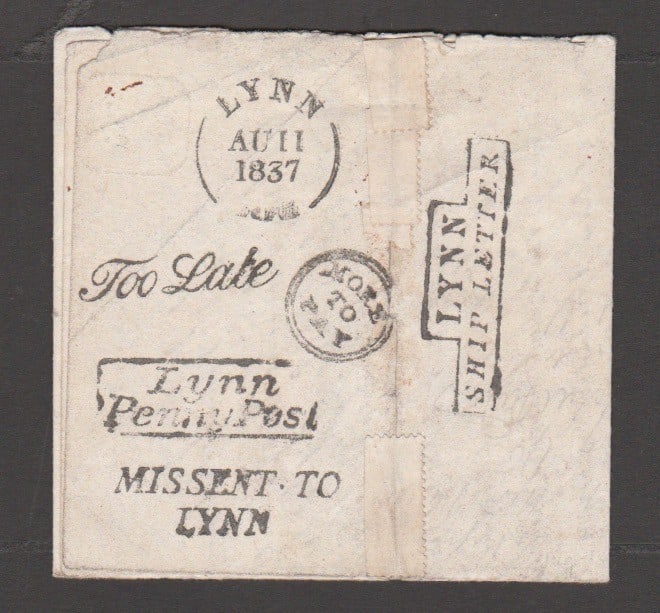 Title: G.B. - Ship Letters - Lynn / Norfolk 1837 (Aug 11) Description: Letter bearing proof (1 of 3)