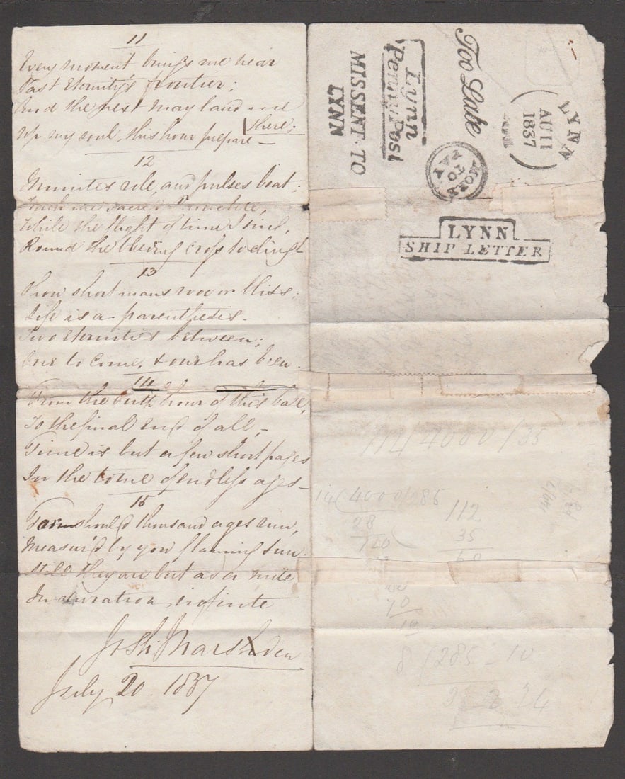 Title: G.B. - Ship Letters - Lynn / Norfolk 1837 (Aug 11) Description: Letter bearing proof - 3