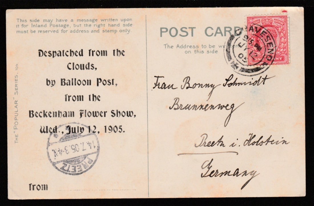 Title: G.B. - Air Mails 1905 (July 12) Description: Beckenham Flower Show picture postcard with: Title: G.B. - Air Mails 1905 (July 12) Description: Beckenham Flower Show picture postcard with printed message "Dispatched from the Clouds, by Balloon post, from the Beckenham Flower Show, Wed. July