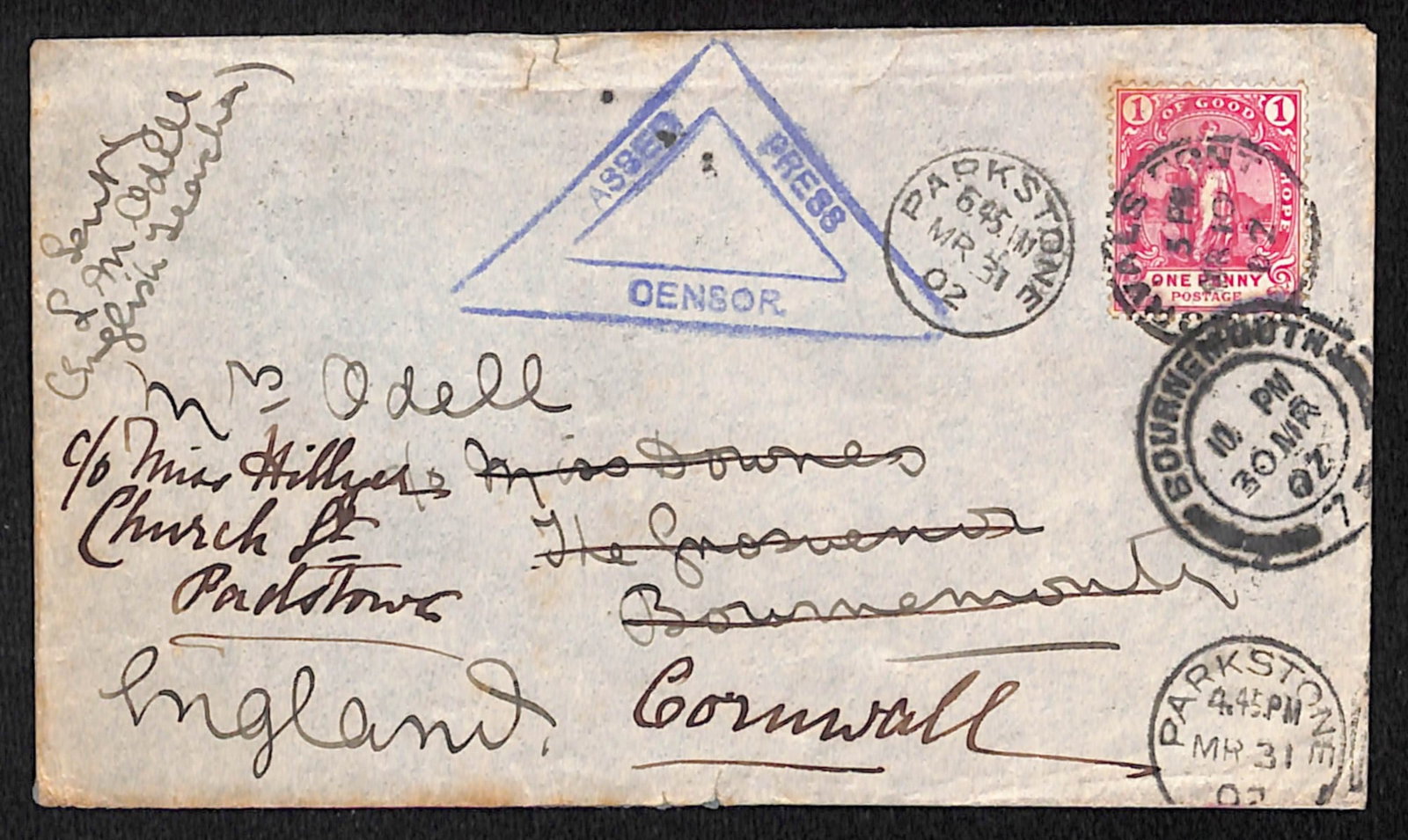 Title: Boer War 1902 Description: Censored cover to England sent from the refugee camp at Norvals: Title: Boer War 1902 Description: Censored cover to England sent from the refugee camp at Norvals Pont bearing Cape 1d cancelled "NORVALS PONT" c.d.s. and endorsed "Sent by L.M. Odell (English