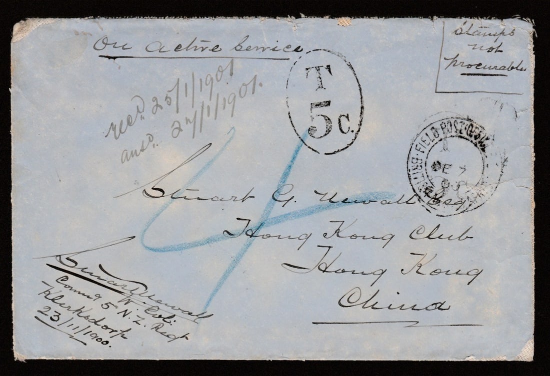 Title: Boer War 1900 (Dec. 7) Description: Stampless O.A.S cover to Hong Kong, signed by the Col.: Title: Boer War 1900 (Dec. 7) Description: Stampless O.A.S cover to Hong Kong, signed by the Col. Commanding the 5th N.Z Regt. at Klerhsdorp, with F.P.O c.d.s and oral framed "T/5c", backstamp of