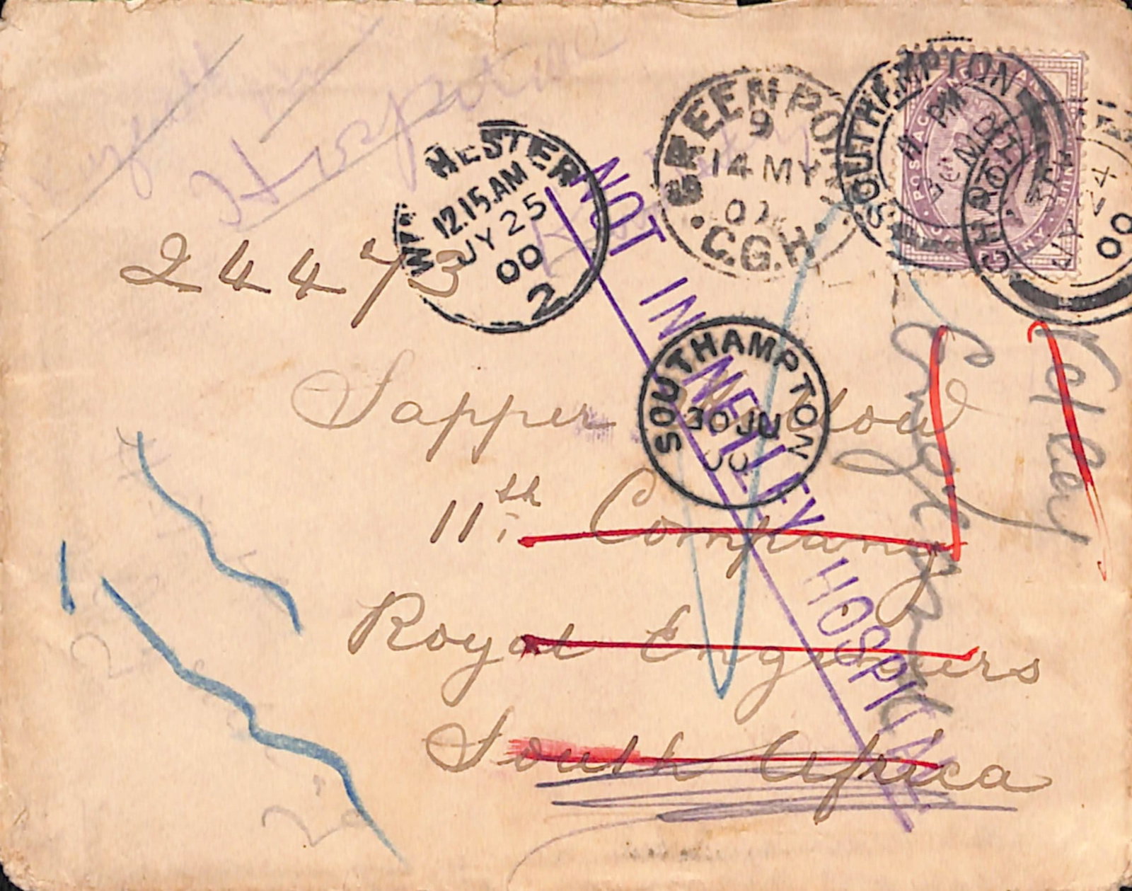 Title: Boer War 1900 (Mar 30) Description: Cover from Southampton to a Royal Engineers Sapper in (1 of 2)