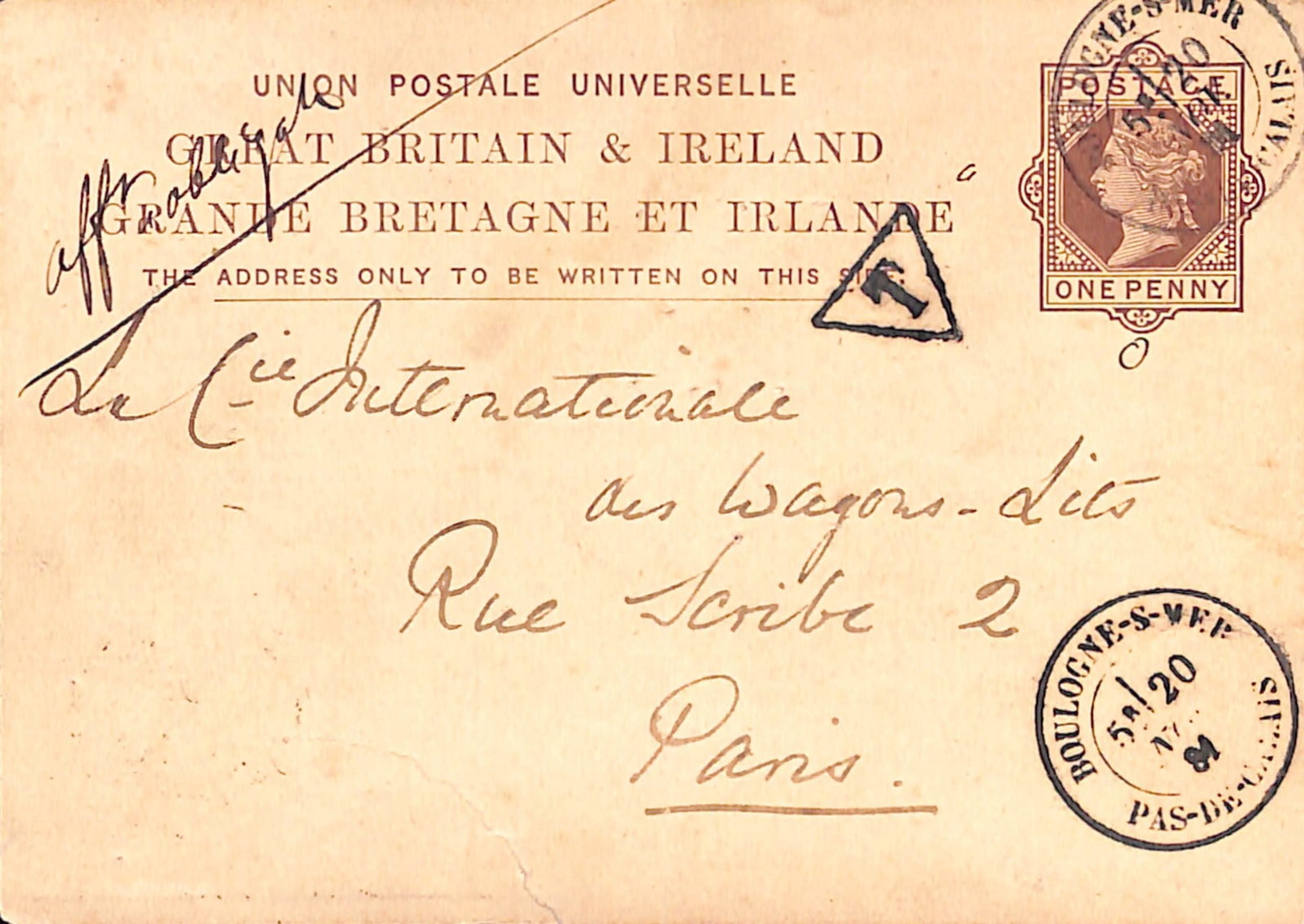 Title: G.B. - Postal Stationery 1881 (Nov. 20) Description: 1d Postcard (tear at foot) to Paris, (1 of 2)