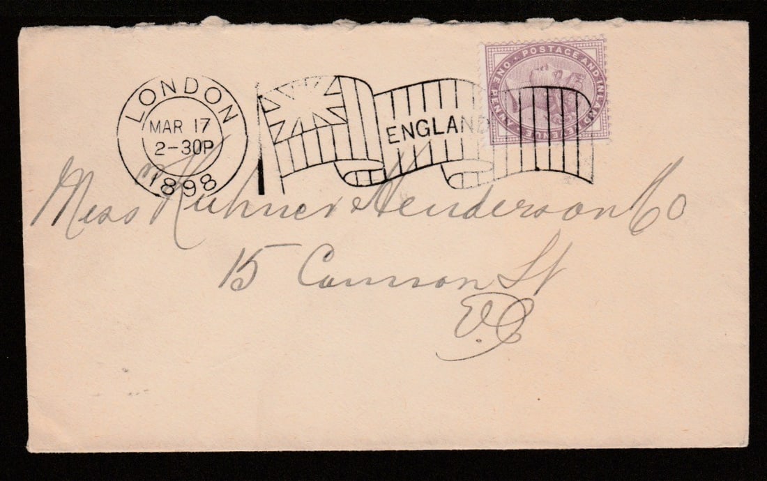 Title: Great Britain - Machines 1898 (Mar. 17) Description: Cover franked 1d, cancelled by the: Title: Great Britain - Machines 1898 (Mar. 17) Description: Cover franked 1d, cancelled by the Empire machine flag cancel with "ENGLAND" in the centre, trialled in London for just four days in