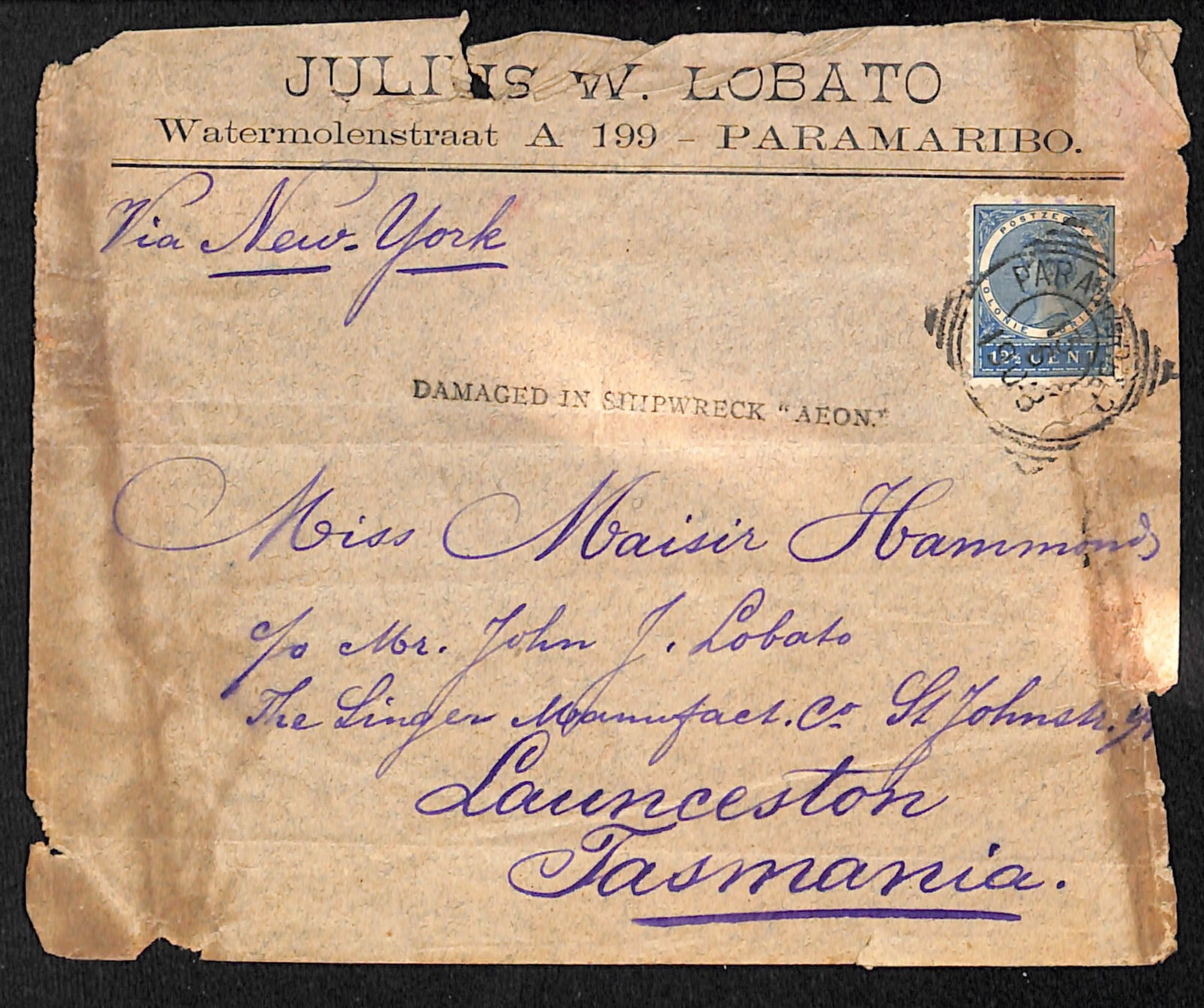 Title: Crash and Wreck Mail 1908 (June 13) Description: Cover from Paramaribo, Suriname, to Tasmania (1 of 2)