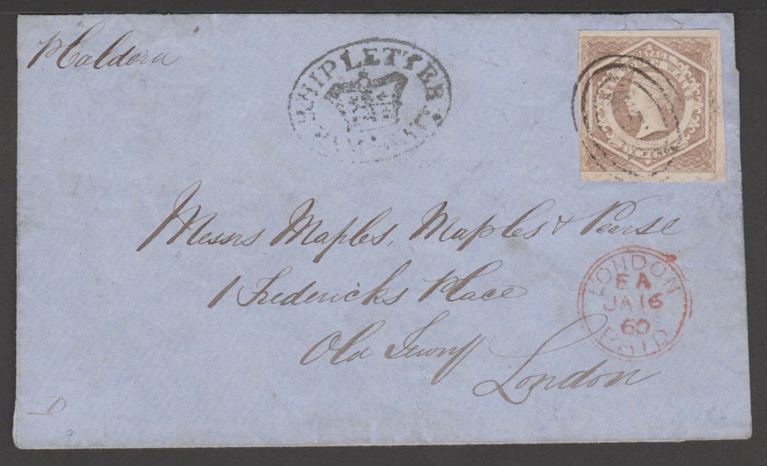 Title: Great Britain - Ship Letters - Ramsgate / New South Wales 1859 (Sep 30) Description: Cover: Title: Great Britain - Ship Letters - Ramsgate / New South Wales 1859 (Sep 30) Description: Cover from Sydney to London "p. Caldera" franked NSW 6d tied by "NSW" on triple oval, the rare single oval