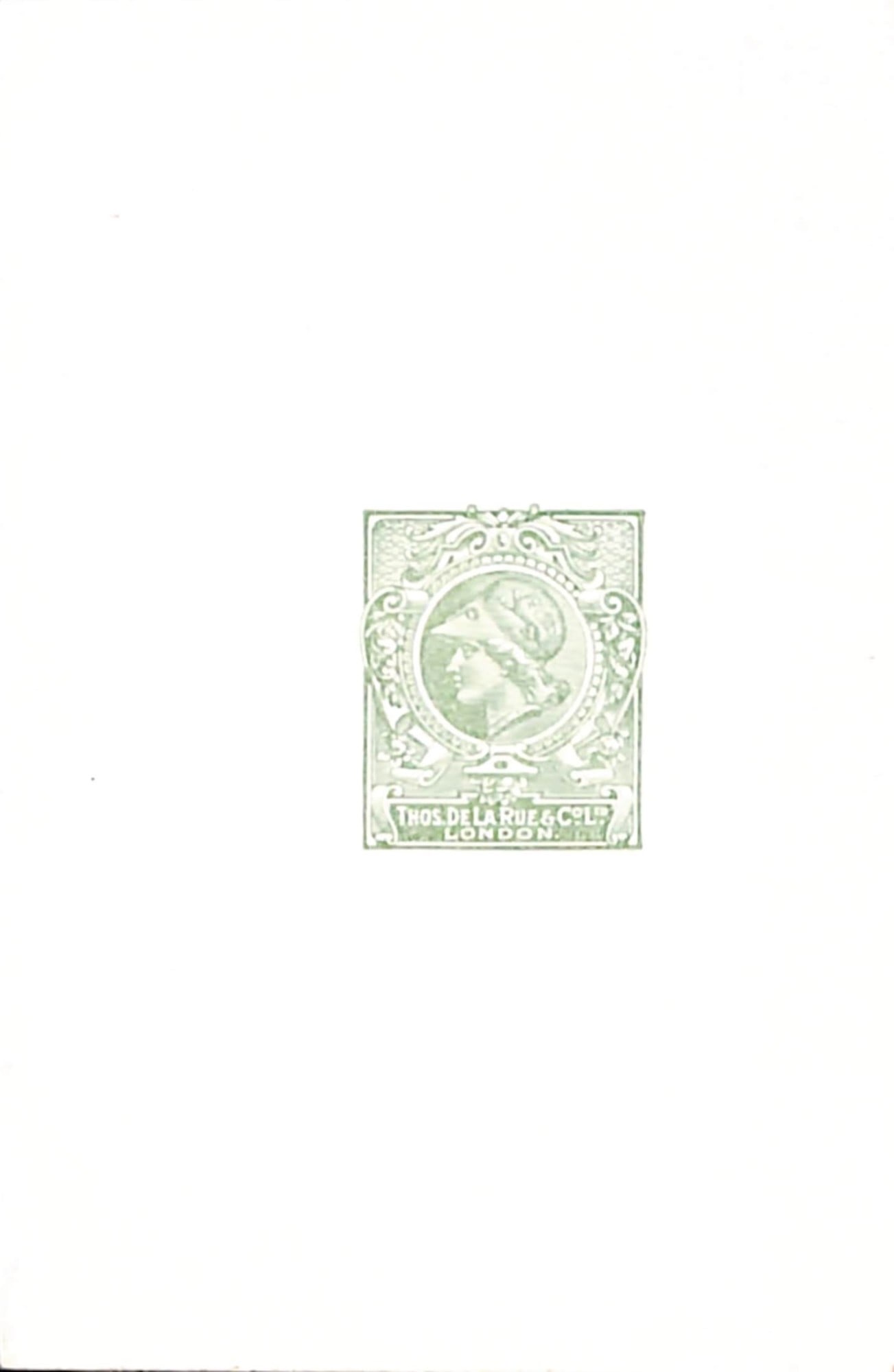 Title: G.B. - Surface Printed / British Colonial 1891 Description: Minerva Head Essay Die Proof: Title: G.B. - Surface Printed / British Colonial 1891 Description: Minerva Head Essay Die Proof inscribed "Thos De La Rue & Co Ltd London", printed in green on white glazed card, very fine and