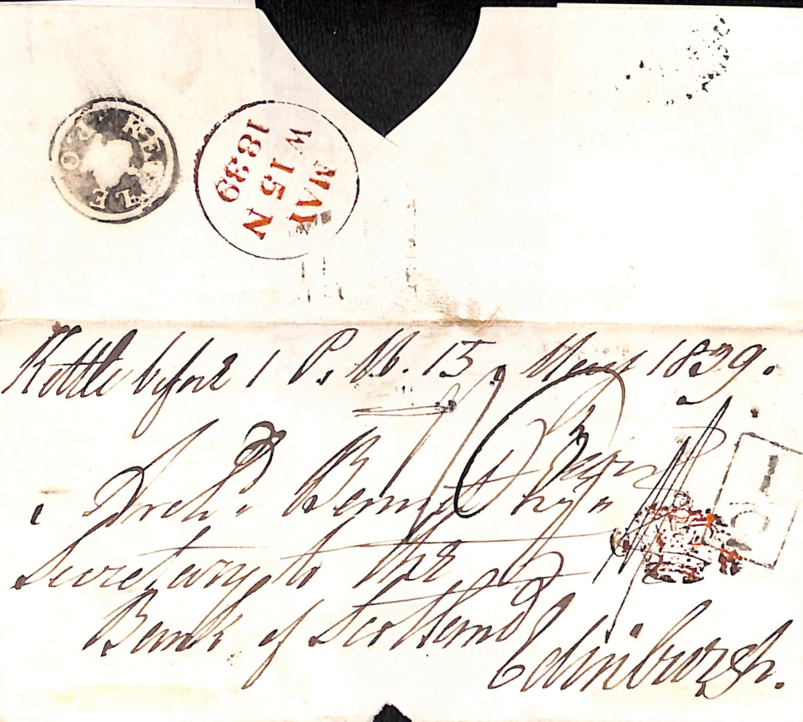 Title: G.B. - Scotland 1839 Description: Entire to Edinburgh backstamped by "KETTLE/(crown)/P.O.": Title: G.B. - Scotland 1839 Description: Entire to Edinburgh backstamped by "KETTLE/(crown)/P.O." MAILBAG SEAL. A scarce and very fine example of a mailbag seal. Most attractive.