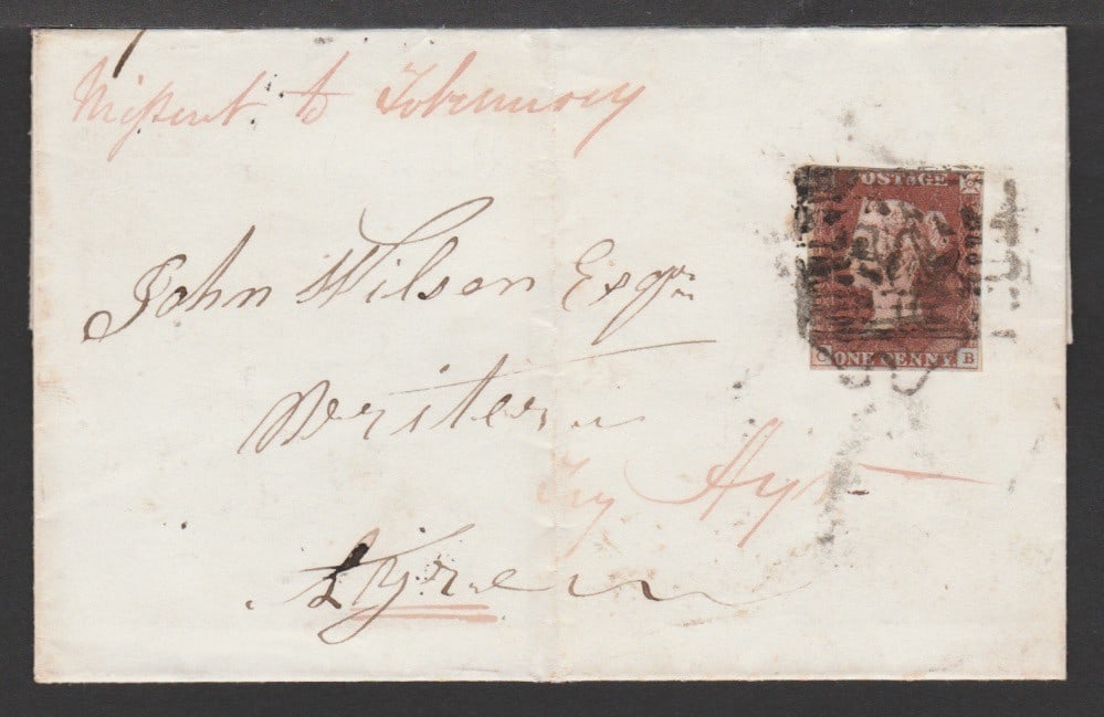 Title: G.B. - Line Engraved Cancellations / Isle of Mull 1845 Description: Entire from Cairn Ryan to: Title: G.B. - Line Engraved Cancellations / Isle of Mull 1845 Description: Entire from Cairn Ryan to Ayr bearing a 1d red (just four margins) cancelled by a Maltese Cross, overcancelled in transit