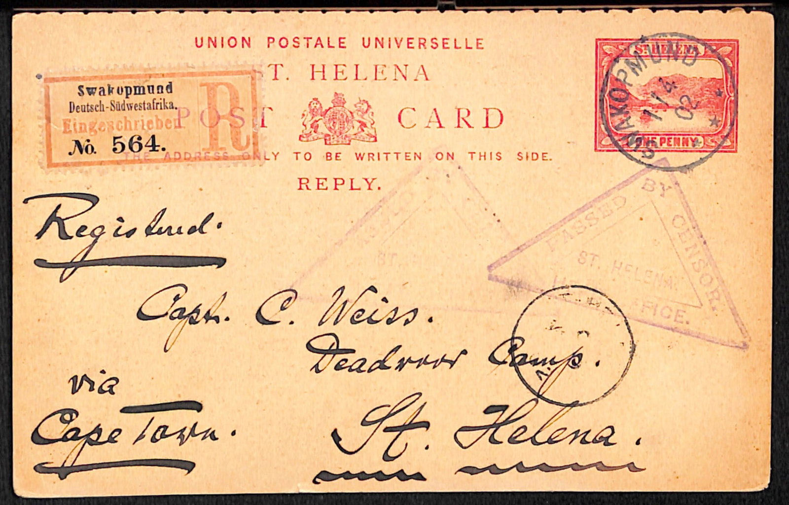Title: St. Helena / South West Africa / Boer War 1902 (Apr 11) Description: St. Helena 1d Reply Card (1 of 2)