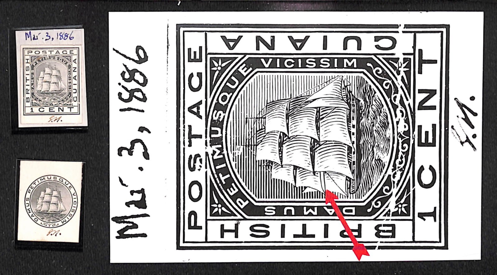 Title: British Guiana 1886 Description: Die Proofs of the 1c postcard stamp and the logo used in the (1 of 1)