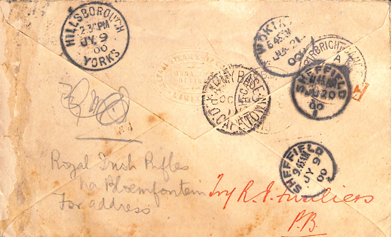 Title: Boer War 1900 (June 19) Description: Cover from Belfast franked 1d (Belfast Steam Ship Co - 2