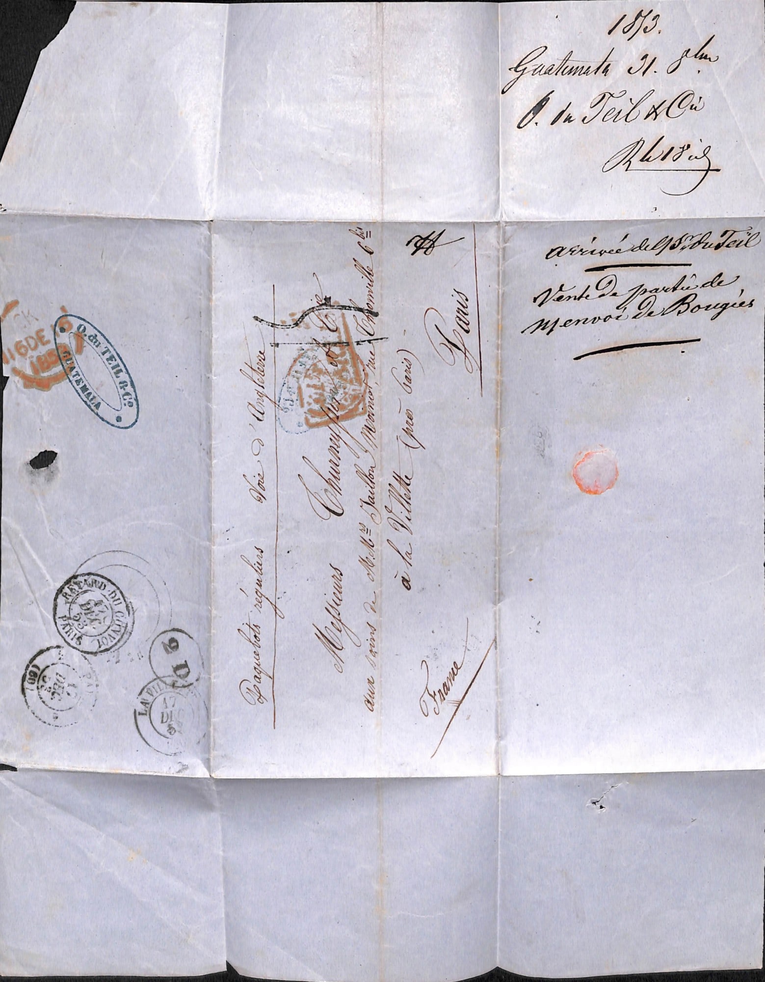 Title: Guatemala / British Honduras 1853 (Oct. 31) Description: Entire from Guatemala to France with - 3