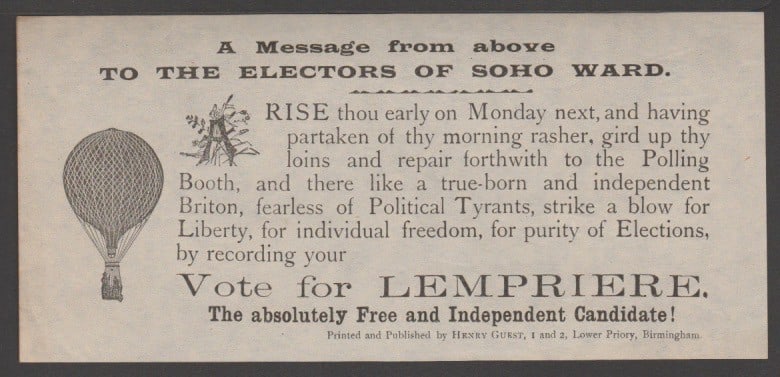 Title: Great Britain - Air Mails 1895 Description: Printed flyer dropped by balloon over: Title: Great Britain - Air Mails 1895 Description: Printed flyer dropped by balloon over Birmingham during the 1895 election campaign, in support of Lempriere, the independent candidate in the Soho