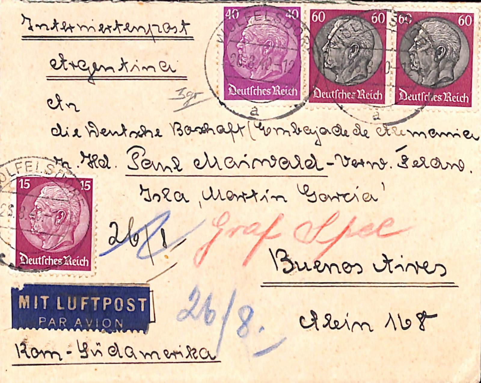 Title: Argentina/Germany - Graf Spee 1940 (Aug 26) Description: Air Mail cover from Germany: Title: Argentina/Germany - Graf Spee 1940 (Aug 26) Description: Air Mail cover from Germany franked 175rpf, to a Graf Spee internee on the Isla Martin Garcia, flown by Lati, addressed care of he