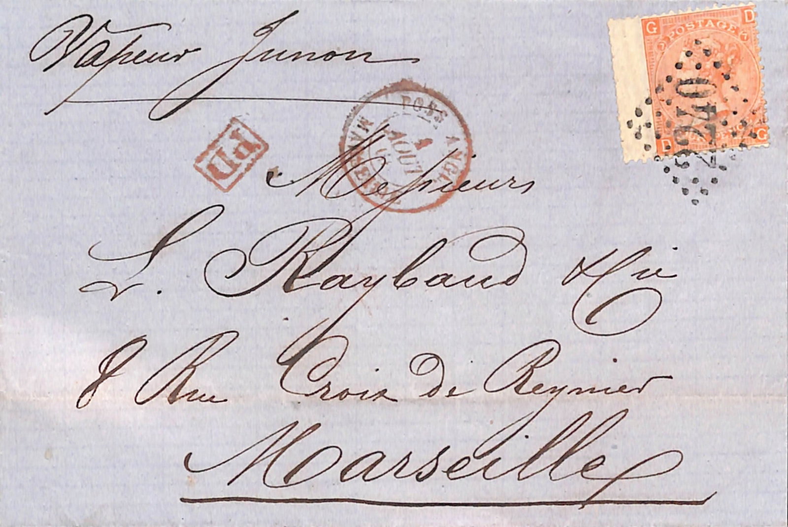 Title: Malta / G.B Used Abroad 186 (July 25) Description: Entire from Malta to Marseille endorsed ": Title: Malta / G.B Used Abroad 186 (July 25) Description: Entire from Malta to Marseille endorsed "Vapeur Junon", posted on the ship (probably into the Mobile Box) with G.B 1865 4d vermilion plate 7