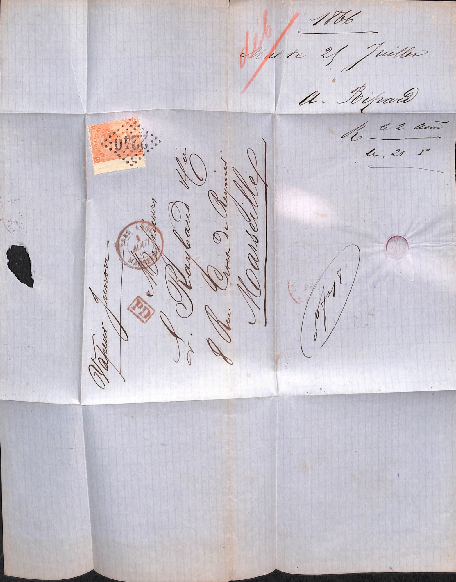 Title: Malta / G.B Used Abroad 186 (July 25) Description: Entire from Malta to Marseille endorsed " - 3
