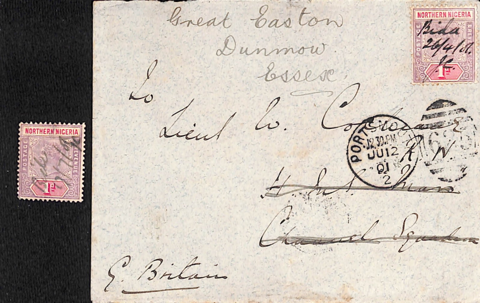 Title: Northern Nigeria 1901 (Apr. 26) Description: Cover from Capt. Cochrane, Military Resident: Title: Northern Nigeria 1901 (Apr. 26) Description: Cover from Capt. Cochrane, Military Resident at Bida, to Lieut. W. Cochrane, H.M.S. Mars, Channel Squadron, with a 1d stamp cancelled by manuscript