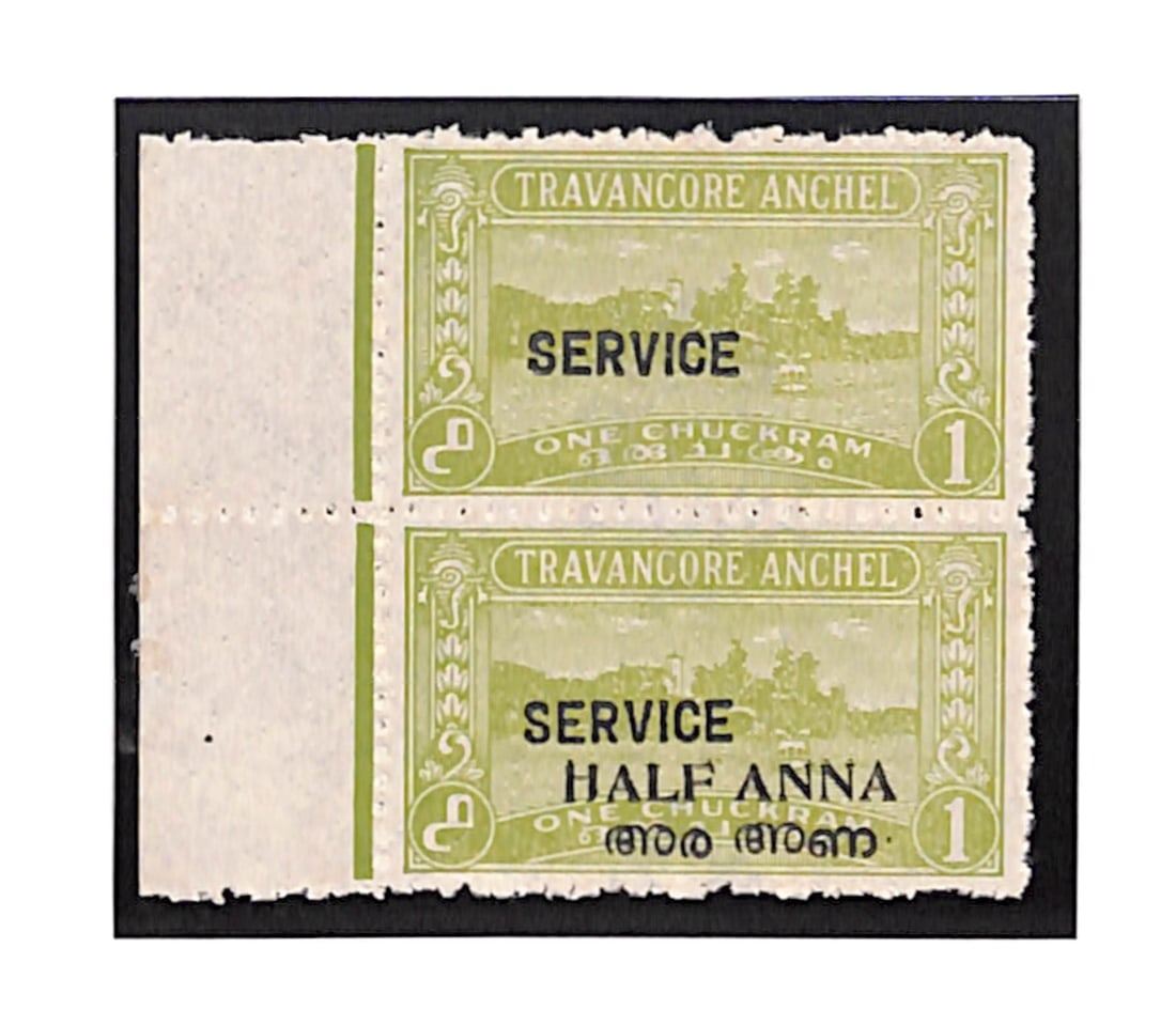 Title: I.F.S. Travancore-Cochin 1949-51 Description: Travancore-Cochin. 1949-51 ½a on 1a Yellow: Title: I.F.S. Travancore-Cochin 1949-51 Description: Travancore-Cochin. 1949-51 ½a on 1a Yellow-green with Service overprint type O1, left marginal vertical pair, the upper stamp with variety