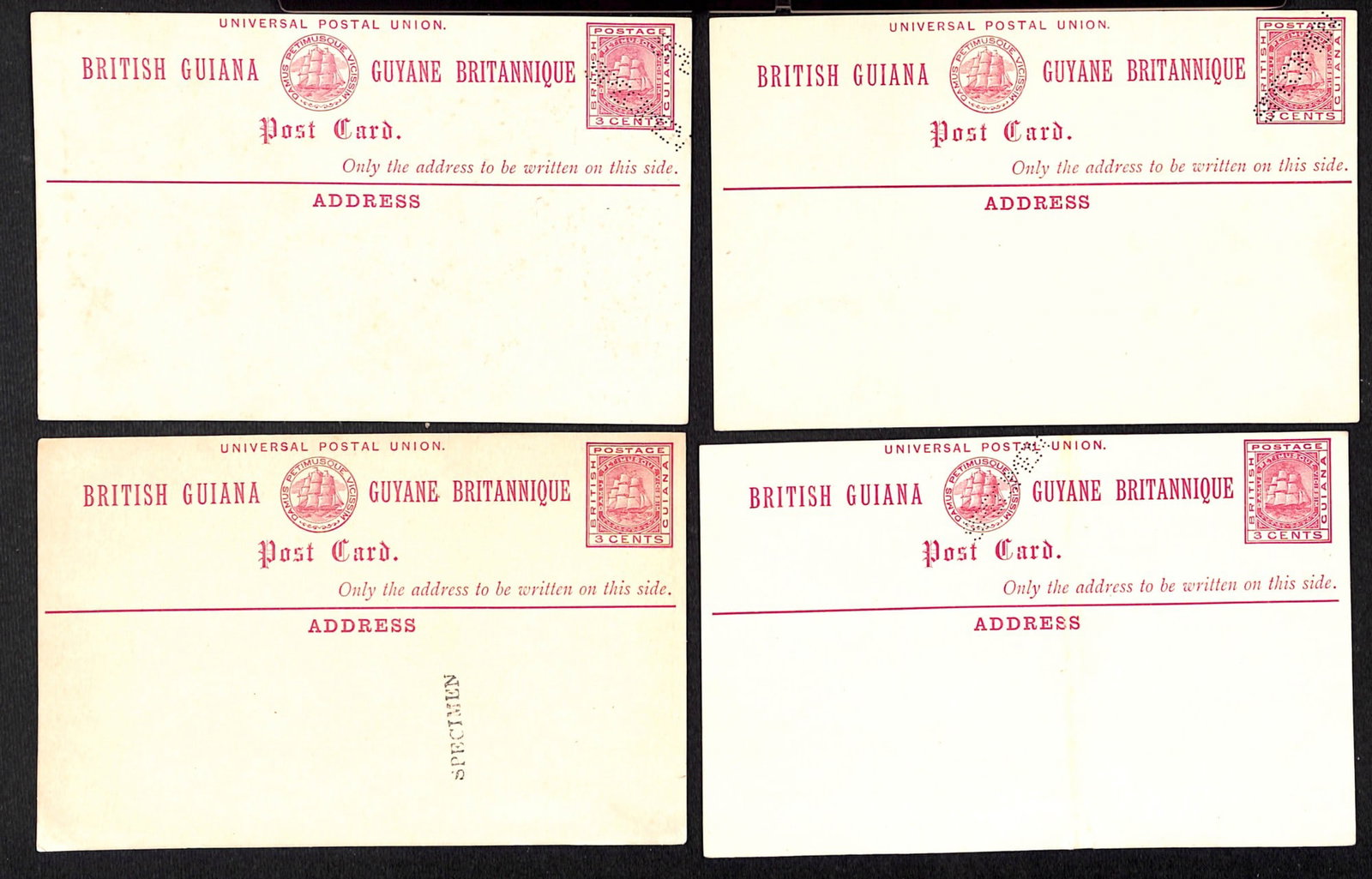 Title: British Guiana 1879 Description: 3c Postcards with local Specimen perfin type BG3 (3, one (1 of 1)