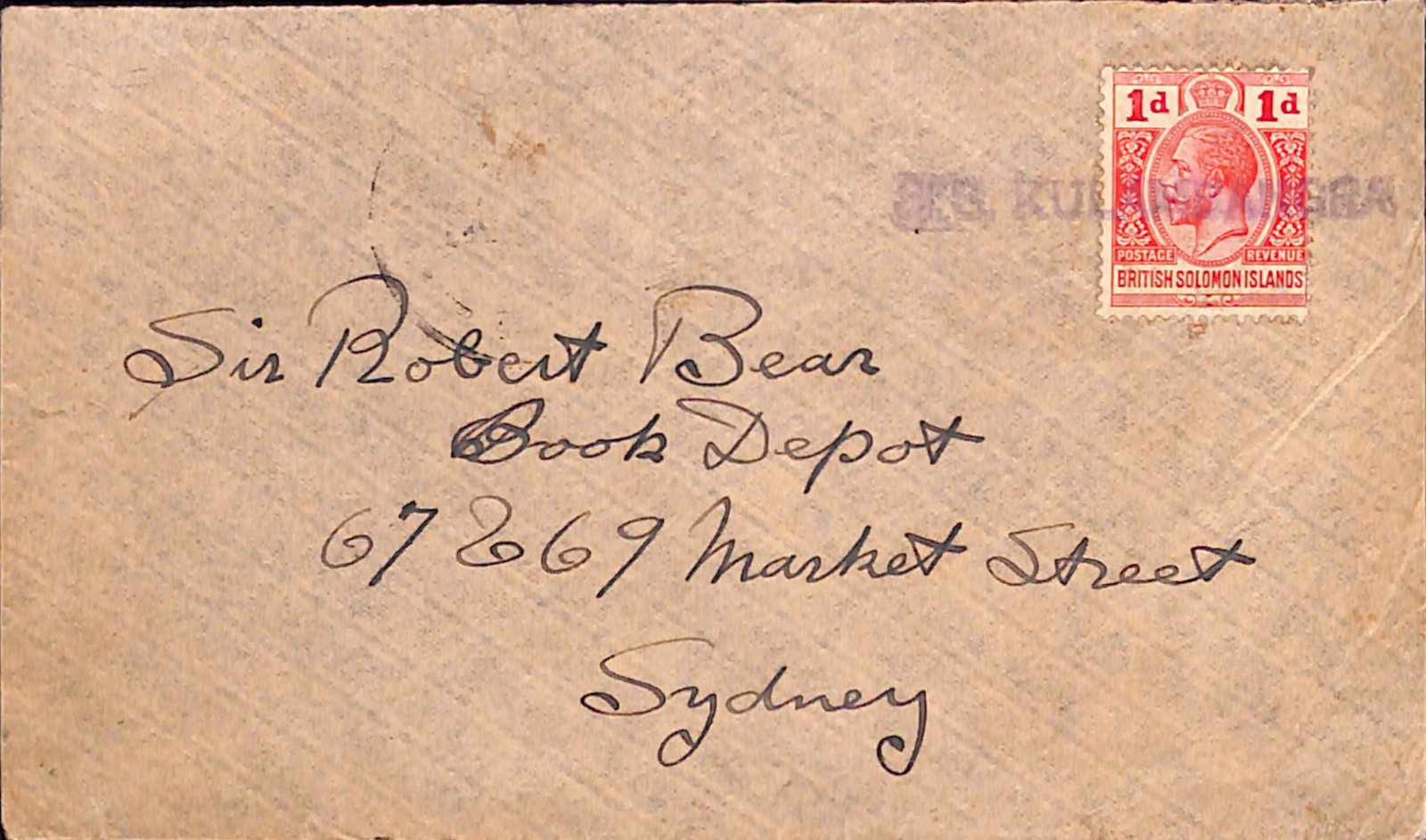 Title: British Solomon Islands 1914 Description: Cover to Sydney with 1914 1d cancelled by violet (1 of 2)