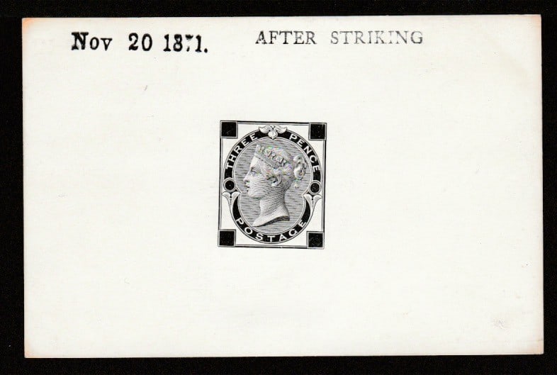 Title: Great Britain - Surface Printed 1871 Description: 3d die proof with uncleared corner: Title: Great Britain - Surface Printed 1871 Description: 3d die proof with uncleared corner squares and plate number circles, in black on white glazed card, stamped "AFTER STRIKING" and dated "NOV 20