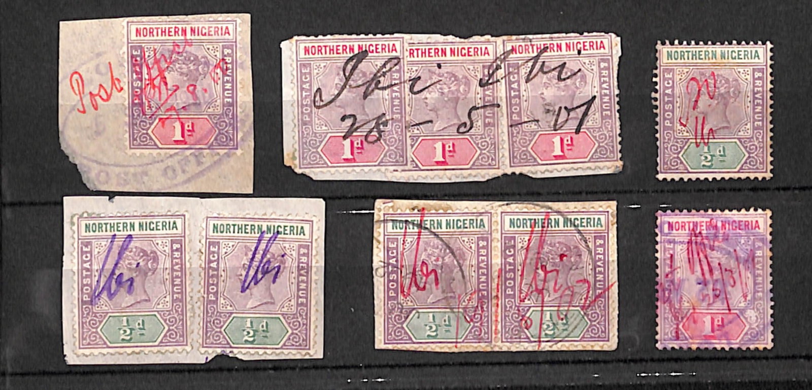 Title: Northern Nigeria 1900-02 Description: Pieces (4, bearing eight stamps) and single stamps ( (1 of 1)