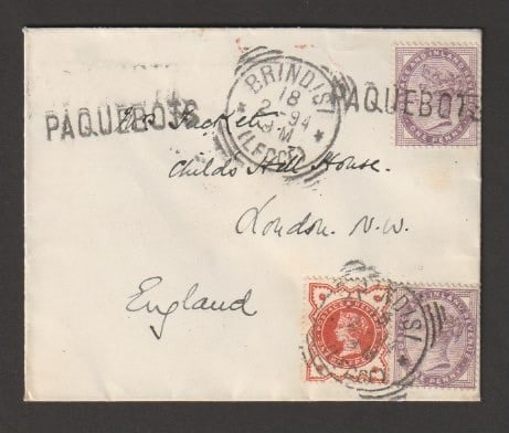 Title: G.B. - Paquebots / Italy 1894 (Feb 18) Description: Cover to England franked G.B. 1/2d and 1d: Title: G.B. - Paquebots / Italy 1894 (Feb 18) Description: Cover to England franked G.B. 1/2d and 1d (2), two stamps cancelled by Brindisi squared circle, the other stamp cancelled "PAQUEBOTS"