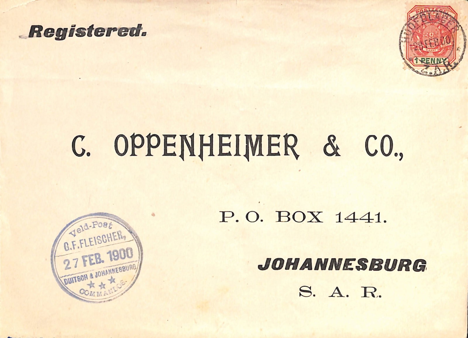 Title: Boer War 1900 (Feb. 27) Description: Cover to Johannesburg with circular "Veld-Post/G.F.: Title: Boer War 1900 (Feb. 27) Description: Cover to Johannesburg with circular "Veld-Post/G.F. FLEISCHER/27 FEB. 1900/DUITSCH & JOHANNESBURG/COMMANDOS", a Transvaal 1d stamp tied by Hoofdlager
