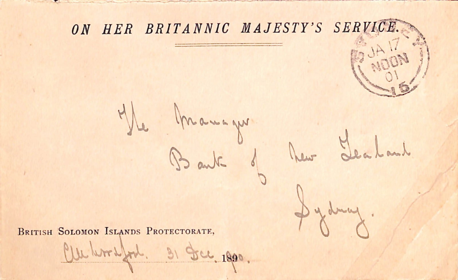 Title: British Solomon Islands 1900 (Dec. 31) Description: Stampless British Solomon Islands On (1 of 2)