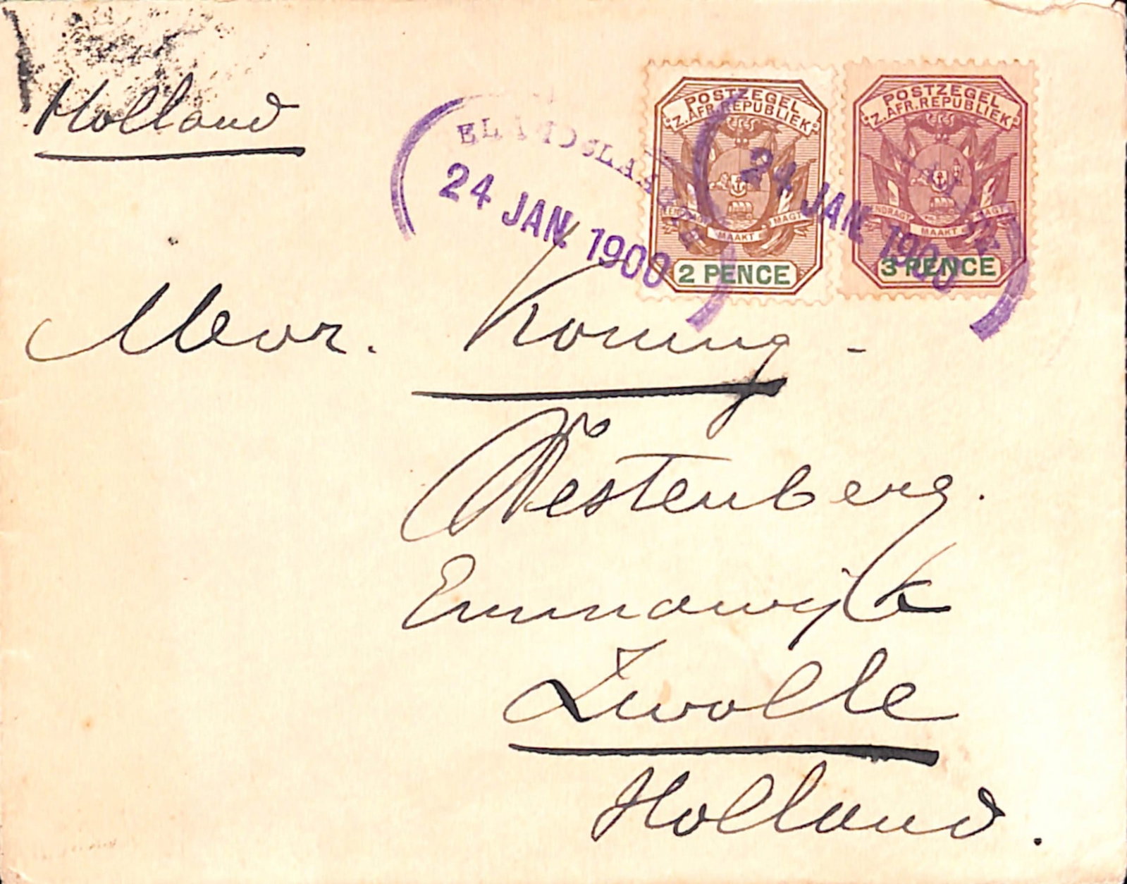 Title: Boer War 1900 (Jan 24) Description: Cover from Holland, posted in Natal during the Boer: Title: Boer War 1900 (Jan 24) Description: Cover from Holland, posted in Natal during the Boer occupation, with Transvaal 2d + 3d each cancelled by violet oval "ELANDSLAAGTE" datestamp, arrival