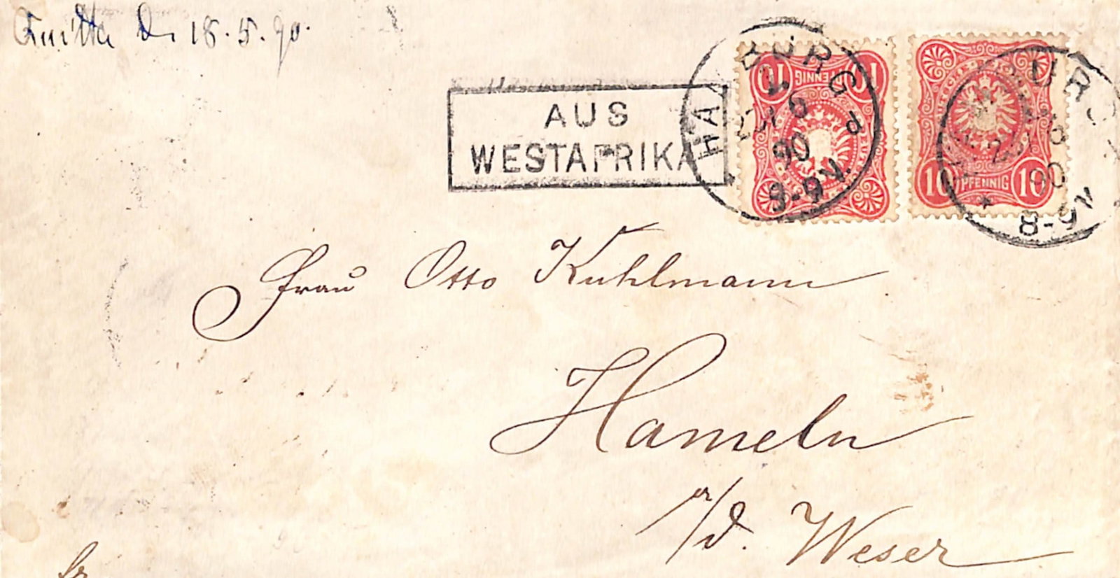 Title: Gold Coast 1890 (May 18) Description: Cover from Gold Coast to Germany with manuscript ": Title: Gold Coast 1890 (May 18) Description: Cover from Gold Coast to Germany with manuscript "Quitta 18.5.90" written by the D.O.A Linie postal agent, then posted onto a D.O.A Linie ship, two German