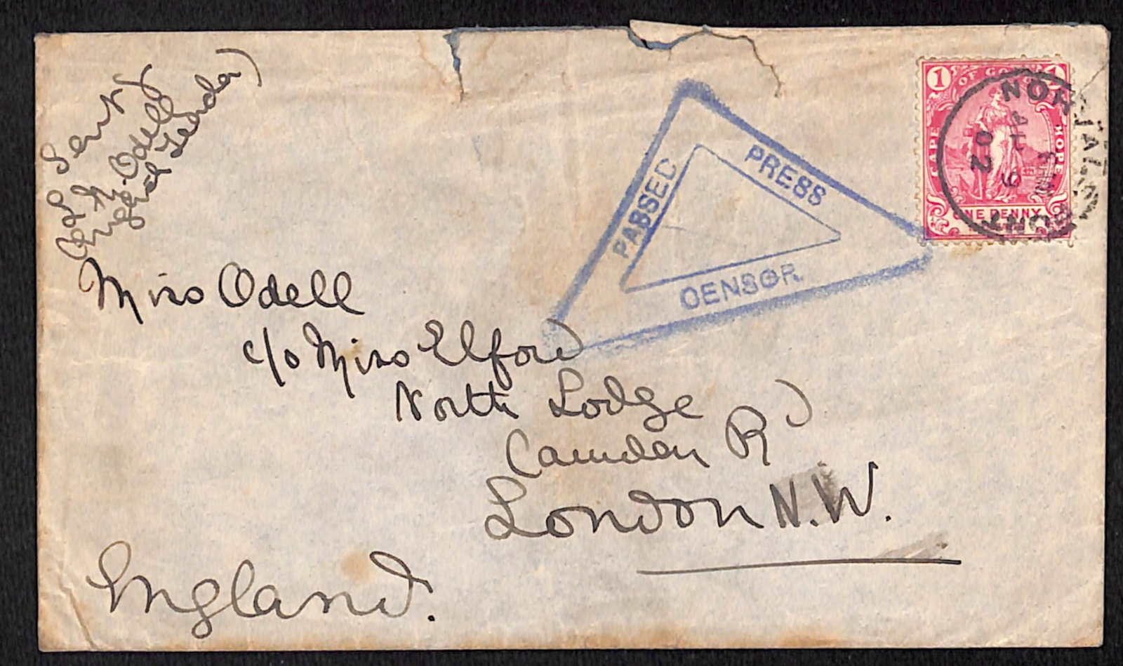 Title: Boer War 1902 Description: Censored cover to England sent from the refugee camp at Norvals: Title: Boer War 1902 Description: Censored cover to England sent from the refugee camp at Norvals Pont bearing Cape 1d cancelled "NORVALS PONT" c.d.s. and endorsed "Sent by L.M. Odell (English