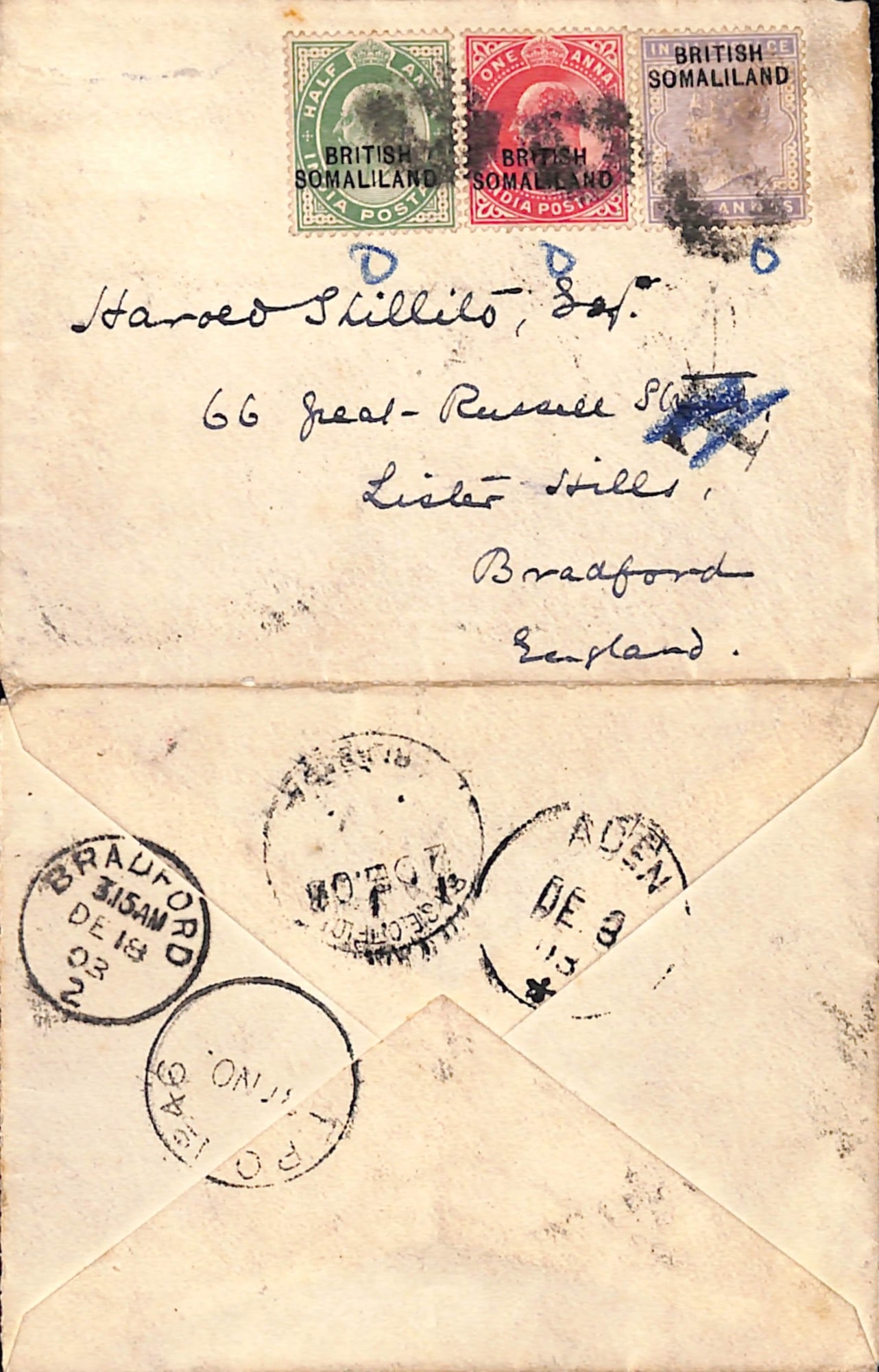 Title: British Somaliland 1903 (Nov 30) Description: Cover to England posted at Indian F.P.O 46 at: Title: British Somaliland 1903 (Nov 30) Description: Cover to England posted at Indian F.P.O 46 at Upper Sheikh franked by British Somaliland Q.V 4d + KEVII 1/2a and 1a, these overprinted stamps disal