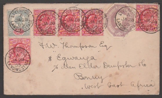 Title: G.B. - Late Fees / Liverpool 1905 Description: Cover to a passenger on S.S 'Equanga" at: Title: G.B. - Late Fees / Liverpool 1905 Description: Cover to a passenger on S.S 'Equanga" at Bonny, Southern Nigeria, posted at the Liverpool Landing Stage paid 1d postage + 1/- late fee, with a