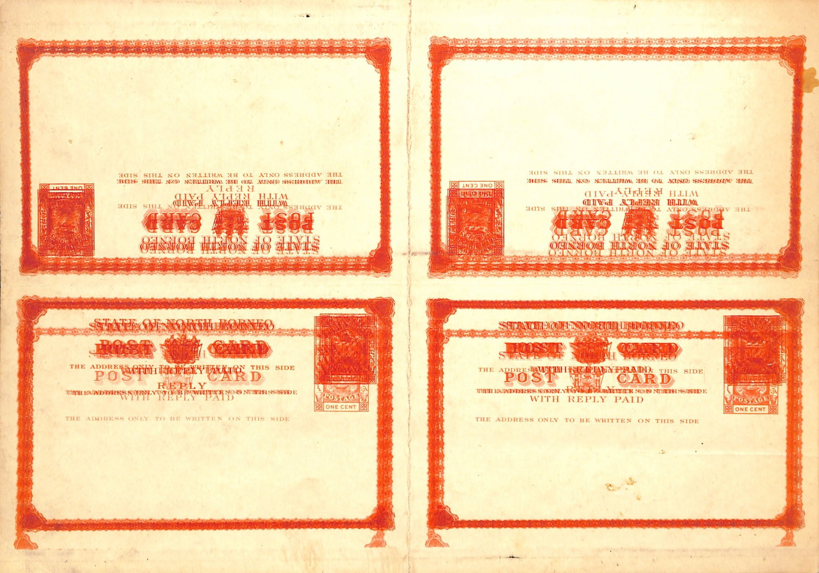 Title: North Borneo 1894 Description: 1c Red reply card, three overlapping impressions of both the: Title: North Borneo 1894 Description: 1c Red reply card, three overlapping impressions of both the outward and reply halves printed on the same side of a single piece of thick card, presumably proofs 
