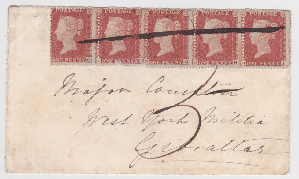 Title: Great Britain - Crimean War 1855 (July 31) Description: Cover from the Crimea to Gibraltar: Title: Great Britain - Crimean War 1855 (July 31) Description: Cover from the Crimea to Gibraltar with two "POST-OFFICE / BRITISH ARMY" code 'B' datestamp on the reverse, franked by G.B. 1d red-brown