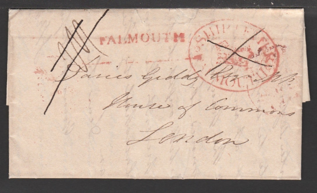 Title: G.B. - Ship Letters - Falmouth 1814 (May 20) Description: Entire letter from Mawnan near: Title: G.B. - Ship Letters - Falmouth 1814 (May 20) Description: Entire letter from Mawnan near Falmouth to an MP in London handstamped in error with red oval "SHIP LETTER / (crown) / FALMOUTH" and