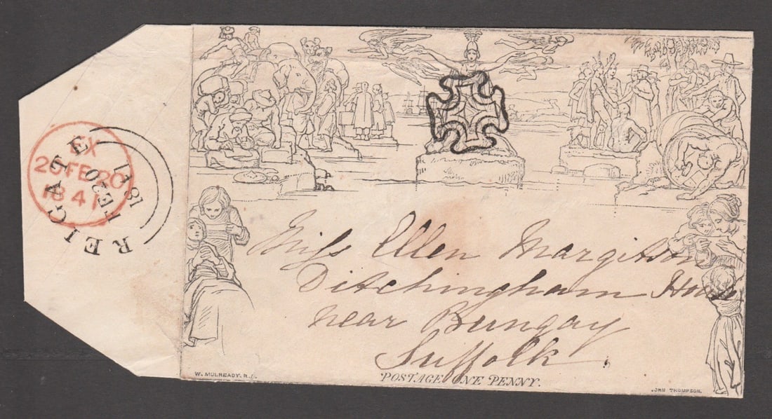 Title: G.B - Mulreadys/Surrey 1841 (Feb. 20) Description: 1d Envelope stereo A153 from Reigate to: Title: G.B - Mulreadys/Surrey 1841 (Feb. 20) Description: 1d Envelope stereo A153 from Reigate to Bungay, superb black Maltese Cross and Reigate backstamp, exceptionally fine appearance. Condition: