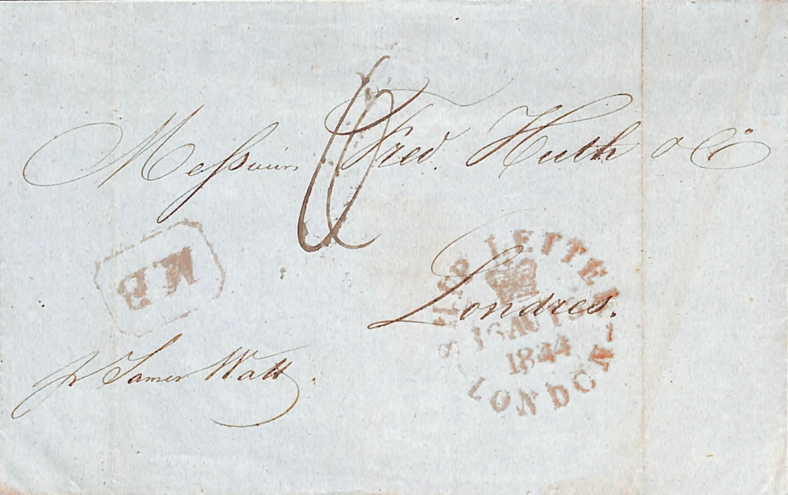 Title: G.B - Ship Letters - London 1844 (Aug 16) Description: Entire from Havre to London "P.: Title: G.B - Ship Letters - London 1844 (Aug 16) Description: Entire from Havre to London "P. James Watt" posted into the Mobile Box, with red boxed "M.B" and "SHIP LETTER/LONDON" datestamp.