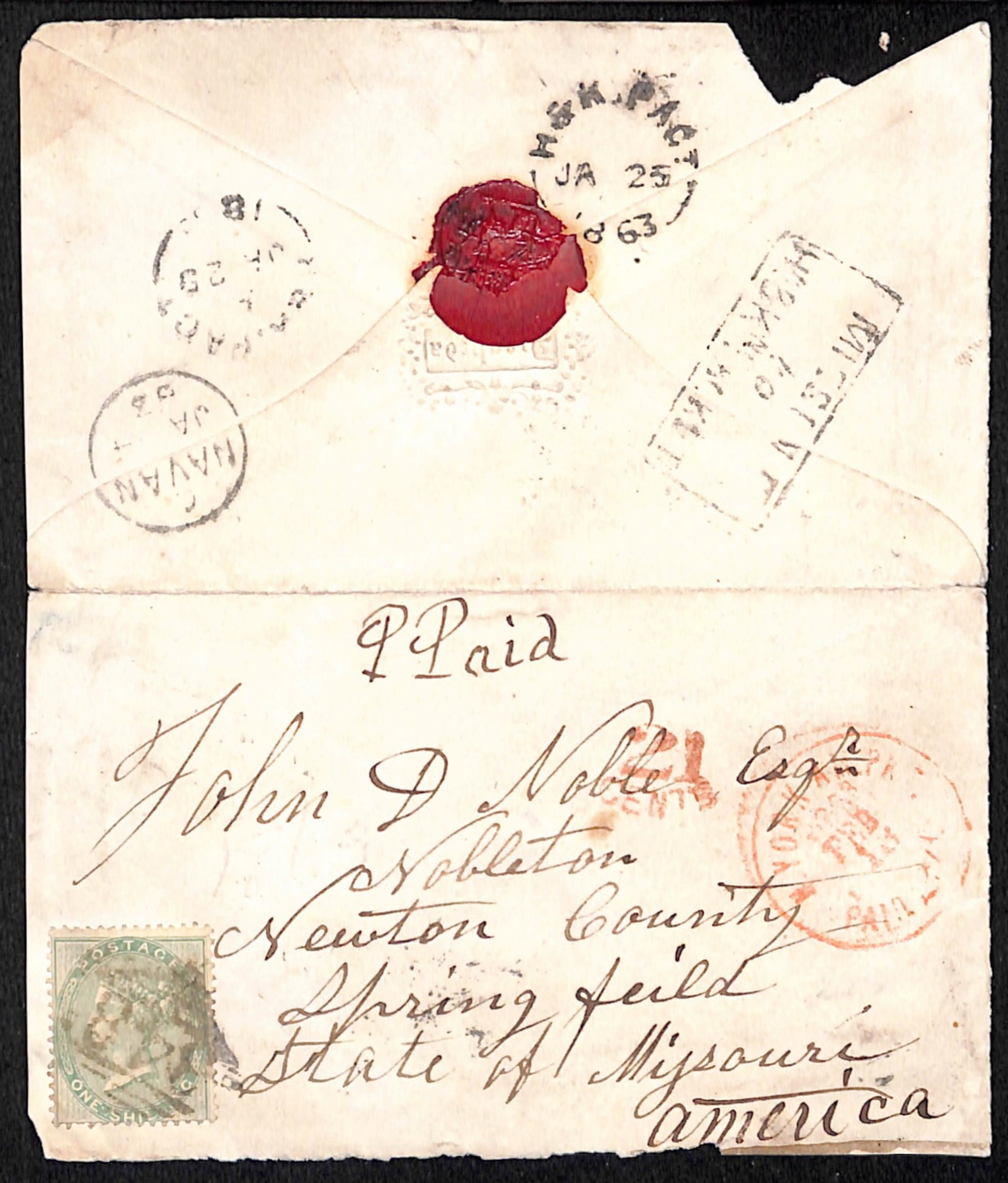 Title: G.B. - Ship Letters - Holyhead and Kingstown Packet 1863 Description: Neat opened out Cover: Title: G.B. - Ship Letters - Holyhead and Kingstown Packet 1863 Description: Neat opened out Cover to Springfield, Missouri, franked 1857 1/- tied by numeral cancel, backstamped with the scarce boxed