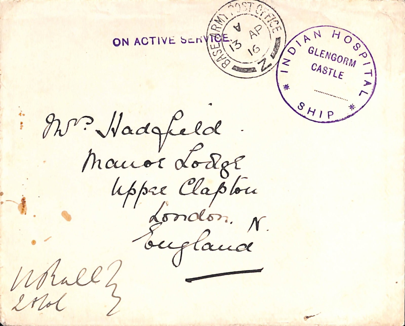 Title: India - World War One 1916 (Apr. 13) Description: Stampless cover to London signed by Lt. (1 of 5)