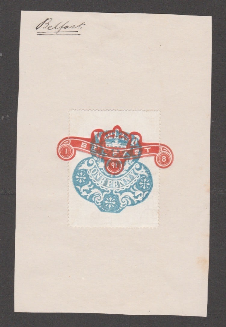 Title: G.B. - Ireland - Revenues 1891 Description: Ireland 1d embossed revenue tied to piece with: Title: G.B. - Ireland - Revenues 1891 Description: Ireland 1d embossed revenue tied to piece with fancy "V.R/BELFAST" cancel embossed in red, endorsed "BELFAST". A rare proof of the first revenu