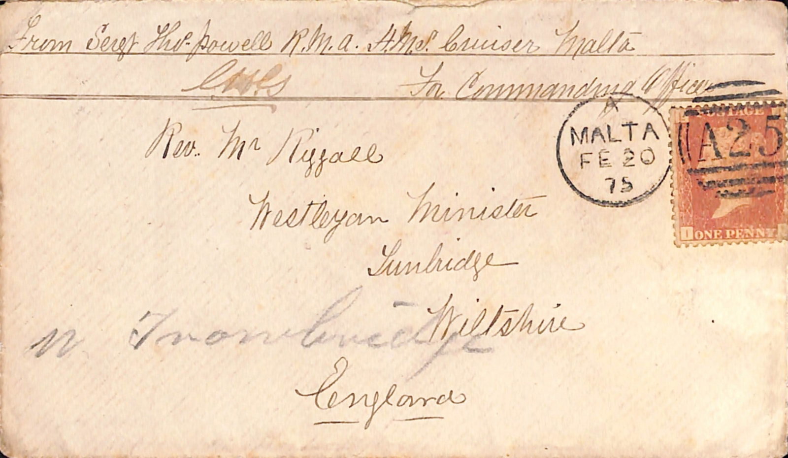 Title: Malta 1875 (Feb. 20) Description: Cover to England headed "From Sergt Tho. Powell R.M.A, H. (1 of 2)