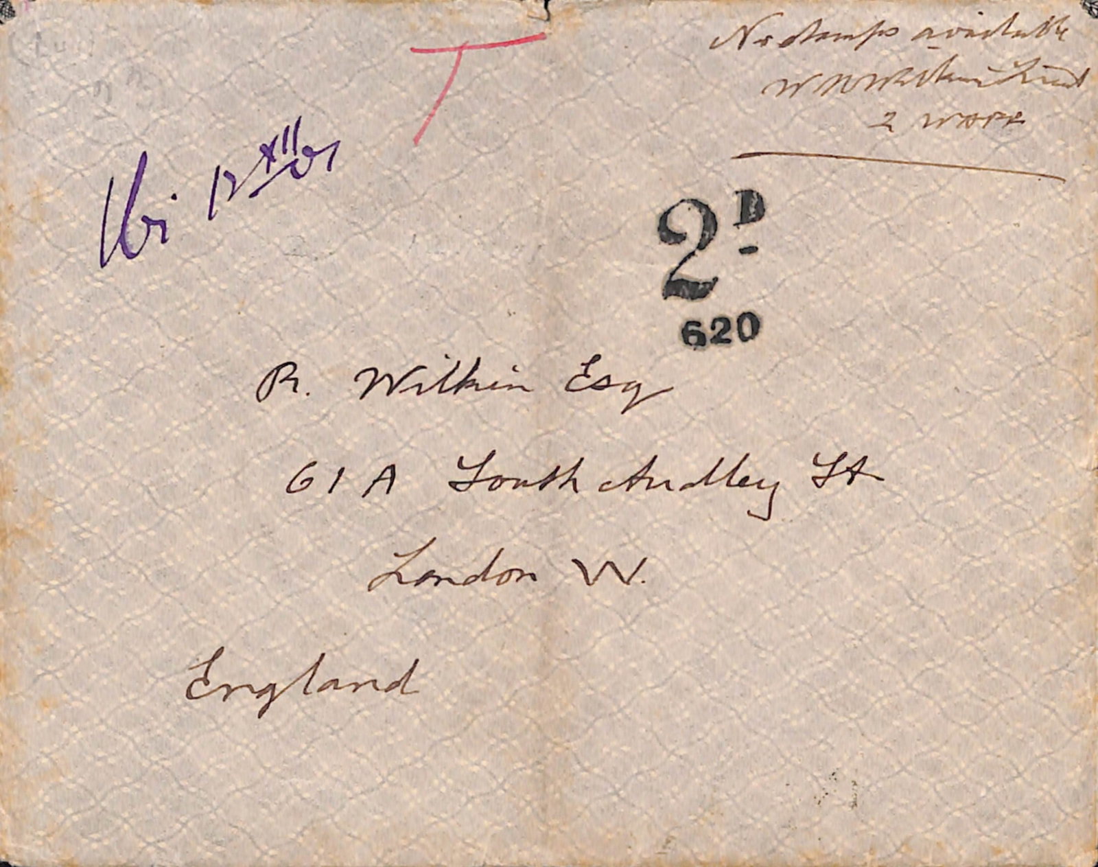 Title: Northern Nigeria 1901 (Dec. 2) Description: Stampless cover to London endorsed "No Stamps: Title: Northern Nigeria 1901 (Dec. 2) Description: Stampless cover to London endorsed "No Stamps available, W. H Wilkin Lieut 2 WAFF" with "1bi 12 XII 01" manuscript postal endorsement, Northern