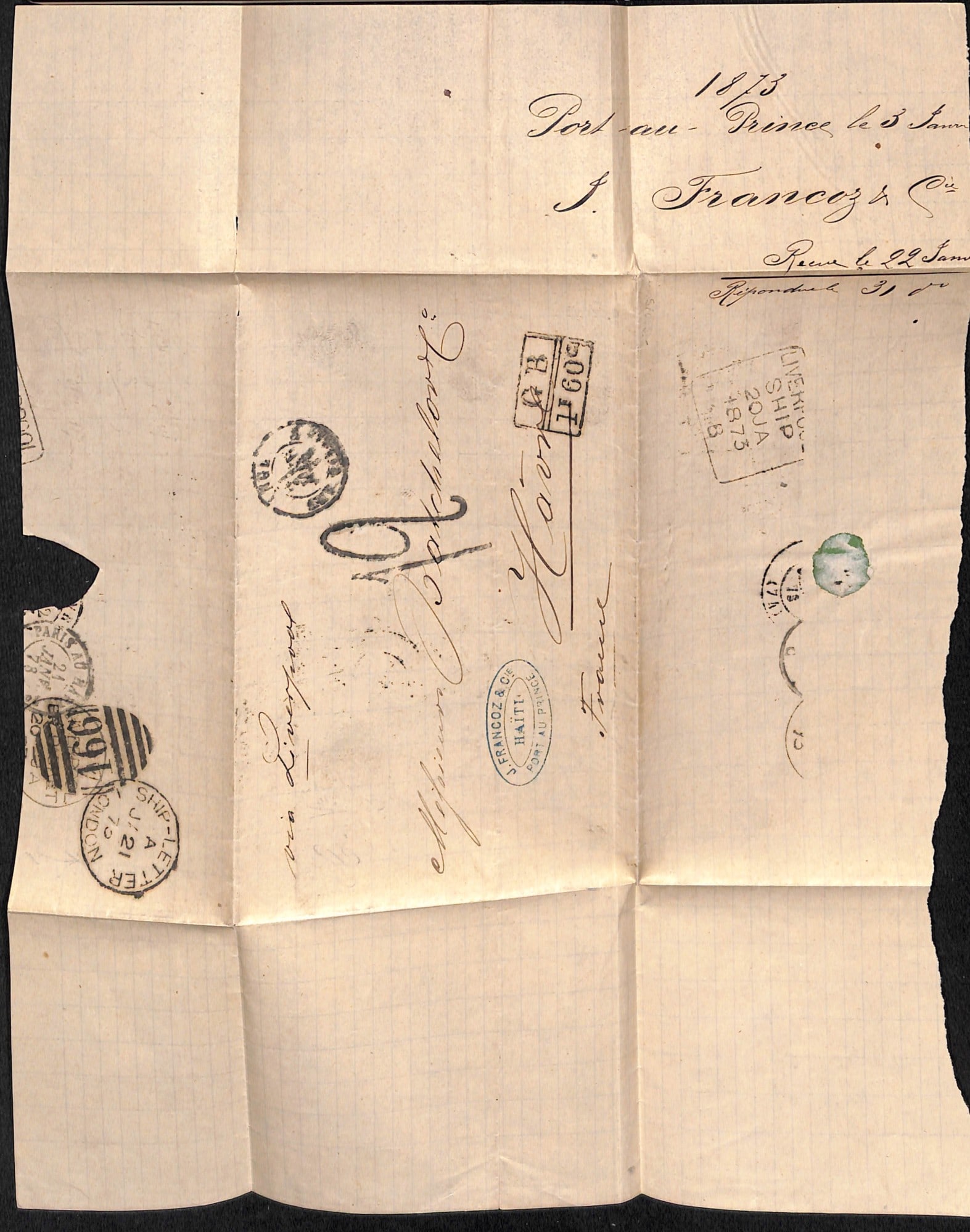 Title: G.B - Ship Letters - Liverpool/London 1873 (Jan 3) Description: Entire from Port an Prince to - 3